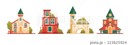 City Street House Exterior and Front View with Roof Vector Set 123625924