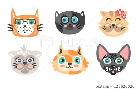 Cute Cartoon Cats Muzzle Vector Set. Animal Heads Collection 123626026