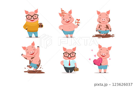 Funny Pigs Characters Drinking Coffee and Holding Gift Box Vector Set 123626037