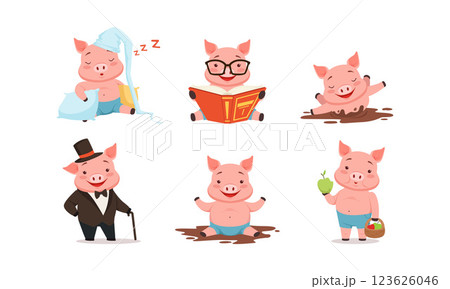 Funny Pigs Characters Sleeping on Pillows and Reading Book Vector Set Funny Pigs Characters Sleeping on Pillows and Reading Book Vector Set 123626046