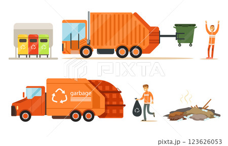 Garbage truck loads garbage. Set of vector illustrations. Garbage truck loads garbage. Set of vector illustrations. 123626053