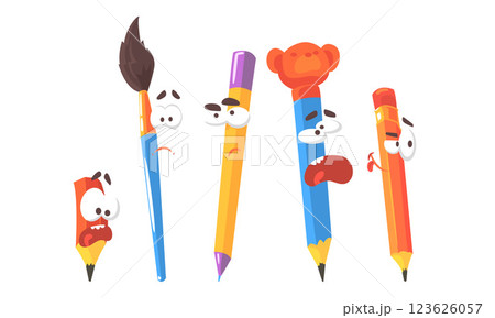 Cartoon stationery with emotions. Set of vector illustrations. Cartoon stationery with emotions. Set of vector illustrations. 123626057