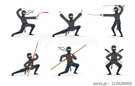 Ninja shows different tricks with weapons. Set of vector illustrations. 123626069