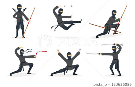 Ninja in black clothes. Set of vector illustrations. 123626089