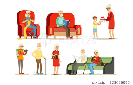 Elderly men and women are resting. Set of vector illustrations. Elderly men and women are resting. Set of vector illustrations. 123626096