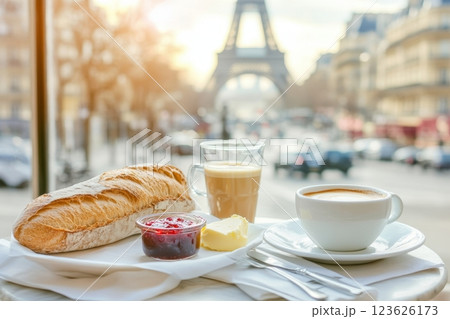 Enjoying a romantic breakfast of baguette, butter, and espresso with the Eiffel Tower in view 123626173