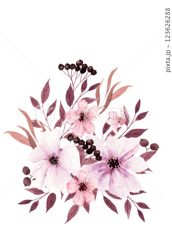 Fantasy brown and light purple leaves, flowers and berries composition by watercolor. Fantasy brown and light purple leaves, flowers and berries composition by watercolor. 123626288