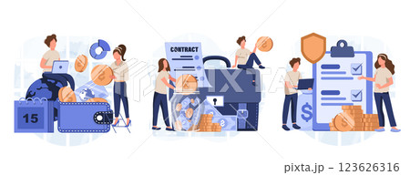 Employee benefits package concept set. Compensation supplementing employee's salary. Worker advantages: overtime, medical insurance, vacation and retirement benefits. Flat vector illustration Employee benefits package concept set. Compensation supplementing employee's salary. Worker advantages: overtime, medical insurance, vacation and retirement benefits. Flat vector illustration 123626316