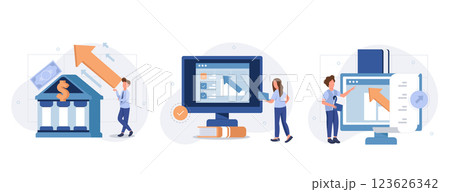 Financial illustration set. Lawyers working with public finance, tax law and other economics branches. Government spending, revenue and taxation concept. Vector illustration. Financial illustration set. Lawyers working with public finance, tax law and other economics branches. Government spending, revenue and taxation concept. Vector illustration. 123626342