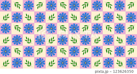 Seamless pattern with blue cornflowers and green branches on checked pink yellow background, vector 123626350