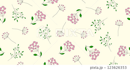Delicate pink and green floral seamless pattern on yellow background, botanical design vector 123626353