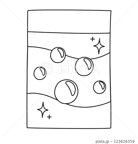 Laundry detergent package with floating soap bubbles, doodle style vector outline for coloring book Laundry detergent package with floating soap bubbles, doodle style vector outline for coloring book 123626359