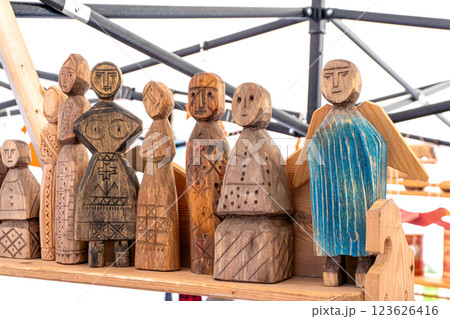 Traditional Russian Folk Toys. Wooden Horses and Human Figurines. Traditional Russian Folk Toys. Wooden Horses and Human Figurines. 123626416
