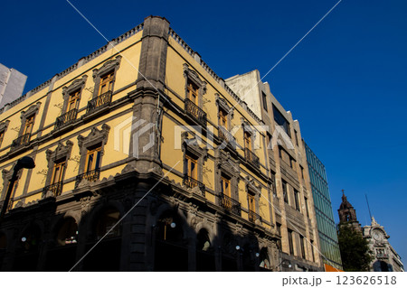 Detail of the beautiful architecture of the historical buildings at Mexico City downtown. 123626518