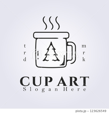 line art cup drink logo design, hot coffee adventure logo template design graphic 123626549