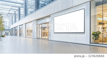 Sleek glass architecture features a blank digital billboard for future promotions in a busy shopping area 123626668
