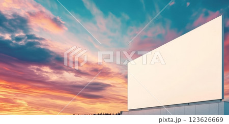 People assemble near a large empty billboard on the stadium exterior as vibrant clouds fill the sky 123626669
