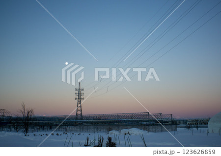雪が積もった畑と送電線の鉄塔 雪が積もった畑と送電線の鉄塔 123626859