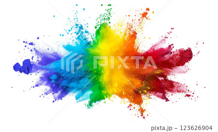 Explosion of paint powder in rainbow hues isolated on white background. Holy banner 123626904