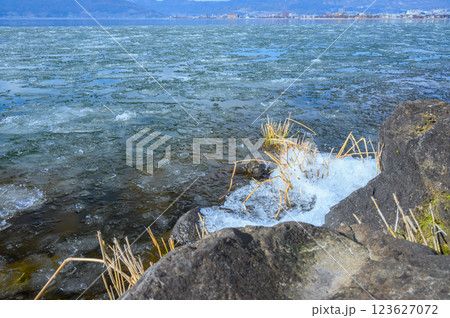 氷片が打ち寄せる湖岸【諏訪湖】 氷片が打ち寄せる湖岸【諏訪湖】 123627072