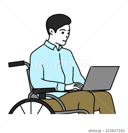 車いすに座ってパソコンを触る若い男性のイラスト 車いすに座ってパソコンを触る若い男性のイラスト 123627182