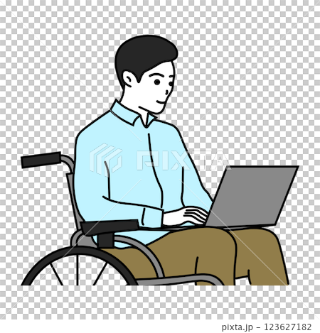 Illustration of a young man sitting in a wheelchair and using a computer Illustration of a young man sitting in a wheelchair and using a computer 123627182