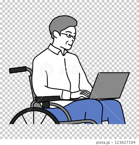 一位中年男子坐在輪椅上使用電腦的插圖 123627184