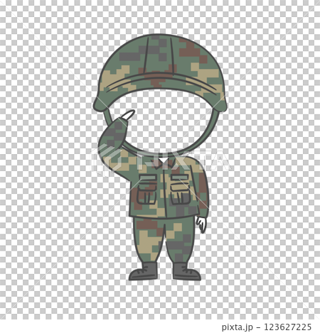 A drawing of soldier character who salutes with a face cutout A drawing of soldier character who salutes with a face cutout 123627225