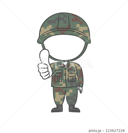 A drawing of soldier character with a thumbs up with a face cutout A drawing of soldier character with a thumbs up with a face cutout 123627226