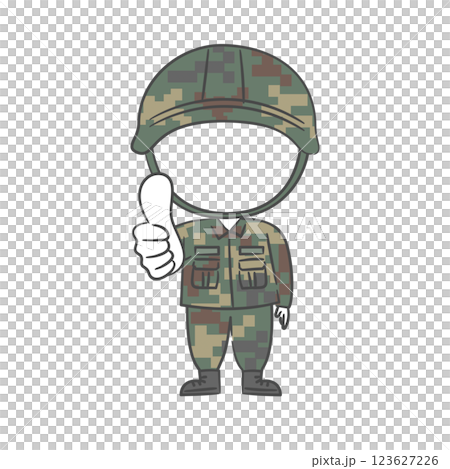 A drawing of soldier character with a thumbs up with a face cutout A drawing of soldier character with a thumbs up with a face cutout 123627226
