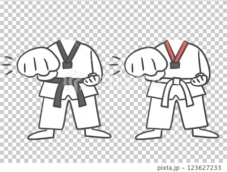 A drawing of a Taekwondo practitioner in white uniform with a face cutout 123627233