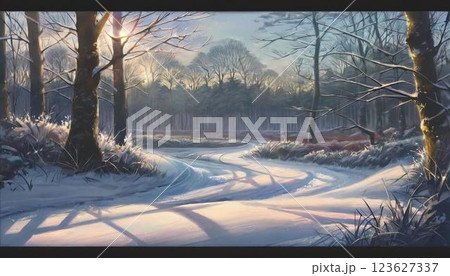 朝日に照らされる森の中の平坦な雪道 123627337