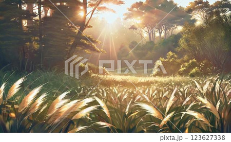 柔らかな夕日に照らされる森の中に育つススキ 123627338