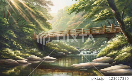 森の中の池に架かる橋 123627350