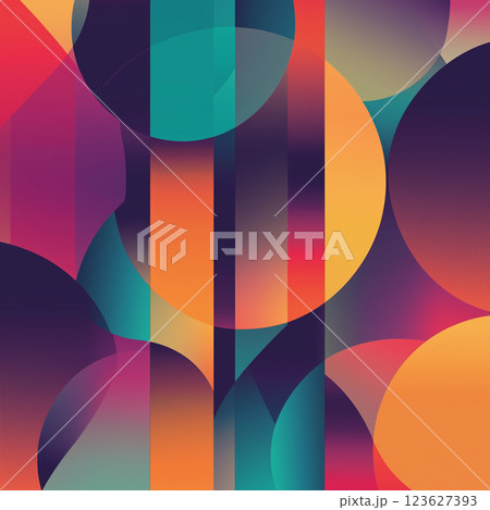 Vibrant geometric shapes overlap, creating an illusion depth and volume predominant cool and warm tones contrast with each other. The image is perfect for creating futuristic AI generated 123627393