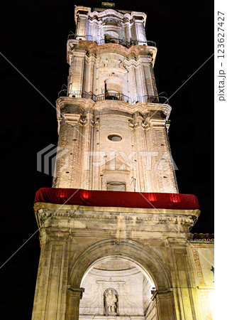 Tower of the Church of San Juan Bautista in Malaga, Andalusia. Night photo, selective focus Tower of the Church of San Juan Bautista in Malaga, Andalusia. Night photo, selective focus 123627427