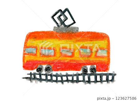 Cute stylized oil pastel tramway public transport illustration. Bright red and orange color hand drawn streetcar clipart for tram kids t-shirt textile design, sticker, label, nursery poster Cute stylized oil pastel tramway public transport illustration. Bright red and orange color hand drawn streetcar clipart for tram kids t-shirt textile design, sticker, label, nursery poster 123627586
