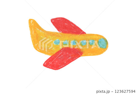 Cute stylized oil pastel flying vehicle plane illustration. Bright yellow and red color hand drawn public airplane clipart for kids t-shirt textile design, sticker, label, nursery poster Cute stylized oil pastel flying vehicle plane illustration. Bright yellow and red color hand drawn public airplane clipart for kids t-shirt textile design, sticker, label, nursery poster 123627594