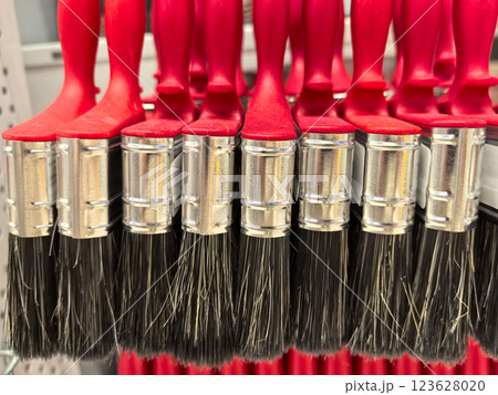 Bright red paintbrushes arranged neatly on display in a hardware store 123628020