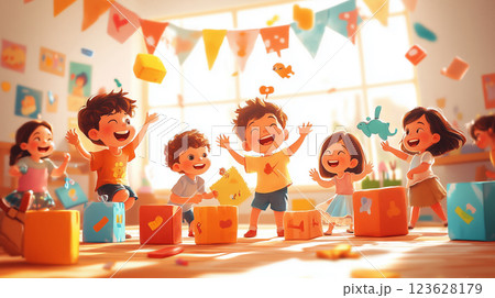 Joyful children playing and creating memories in a vibrant classroom setting 123628179