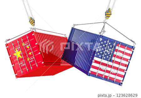 The United States trade war with China, concept. Cargo containers with American and Chinese flags on the crane hooks. 3D rendering 123628629