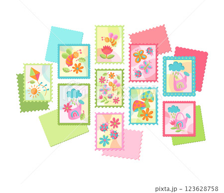 Colorful Postage Stamps, Cute Spring Stickers and Summer Illustrations with Bees, Flowers, Butterflies, And Kites in a Playful Style, Vector Design Elements for Scrapbooking and Kids Craft 123628758