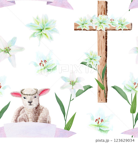 Wooden cross with lily garland, a lamb and a banner watercolor seamless pattern isolated on white background. Illustration perfect for Easter, Holy Thursday, baptism, church wedding cards decor design 123629034