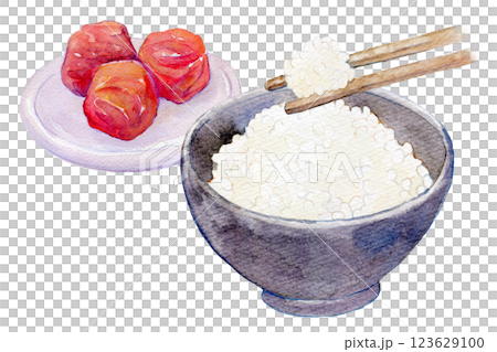 水彩插圖：一組剛煮好的白米飯和醃梅子 123629100