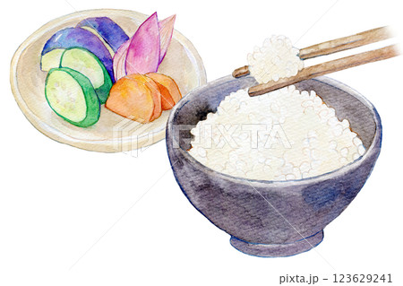 水彩イラスト　炊き立ての白いご飯と漬物のセット 123629241