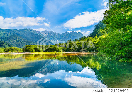 夏の上高地　大正池から穂高連邦を望む 123629409