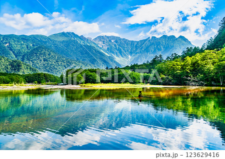 夏の上高地　大正池から穂高連邦を望む 123629416