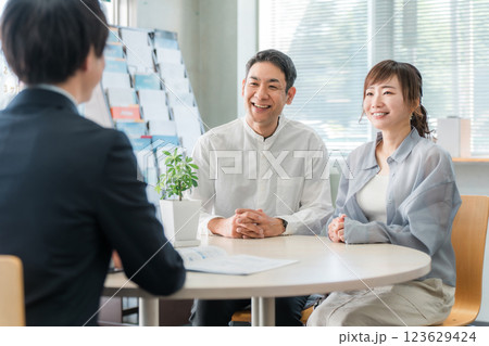 ショールーム・商談スペースで話を聞く夫婦と接客するビジネスマン ショールーム・商談スペースで話を聞く夫婦と接客するビジネスマン 123629424