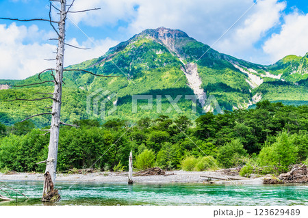 夏の上高地 梓川の清流と焼岳 夏の上高地 梓川の清流と焼岳 123629489