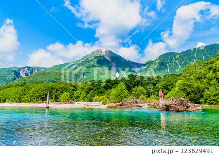 夏の上高地　梓川の清流と焼岳 123629491